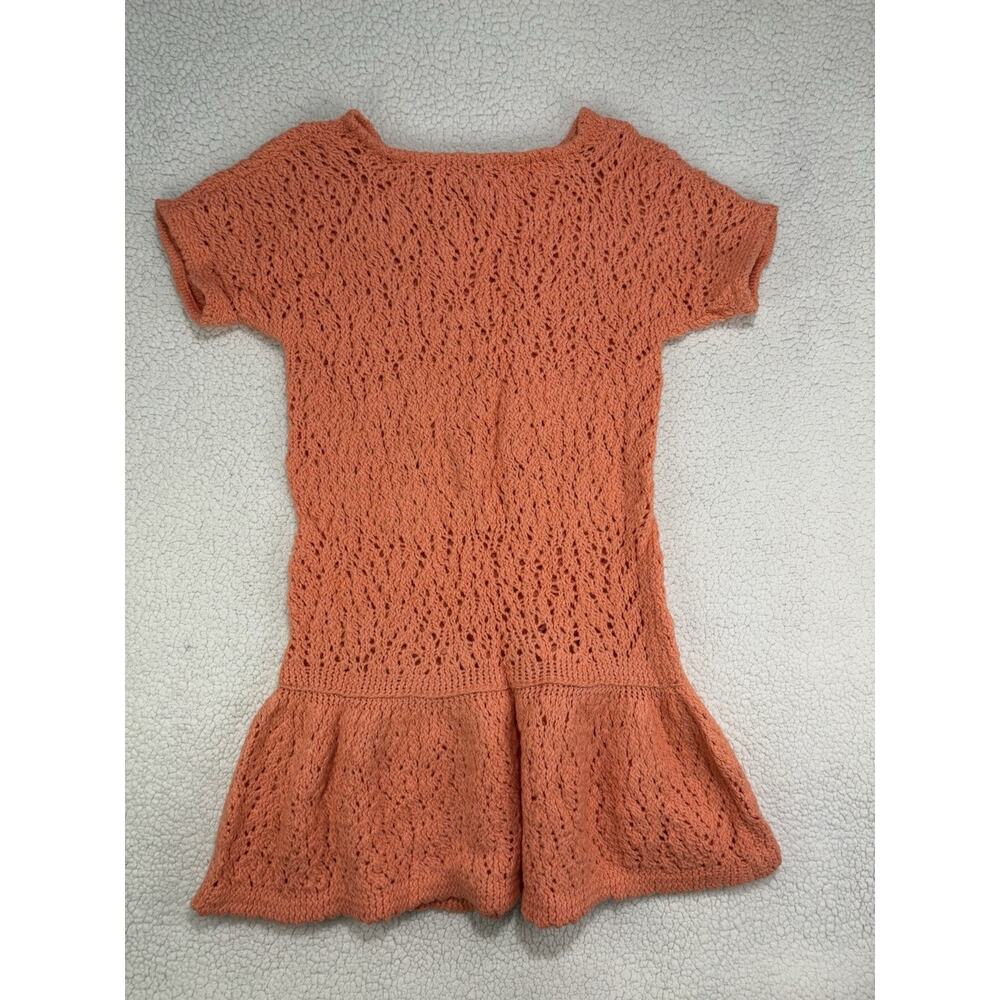 Vintage Hand Knit Dress Salmon Coral Open Crochet Drop Waist Dress Chunky Ruffle - Picture 3 of 5